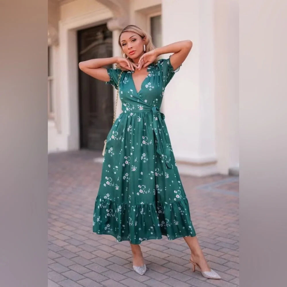 JessaKae Lorelei Dress - Emerald Green Floral Wrap Midi Dress - Picture 2 of 5